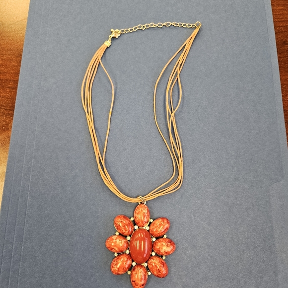 Multi Strand Short Necklace Large Reddish Orange Flower - Picture 2 of 4